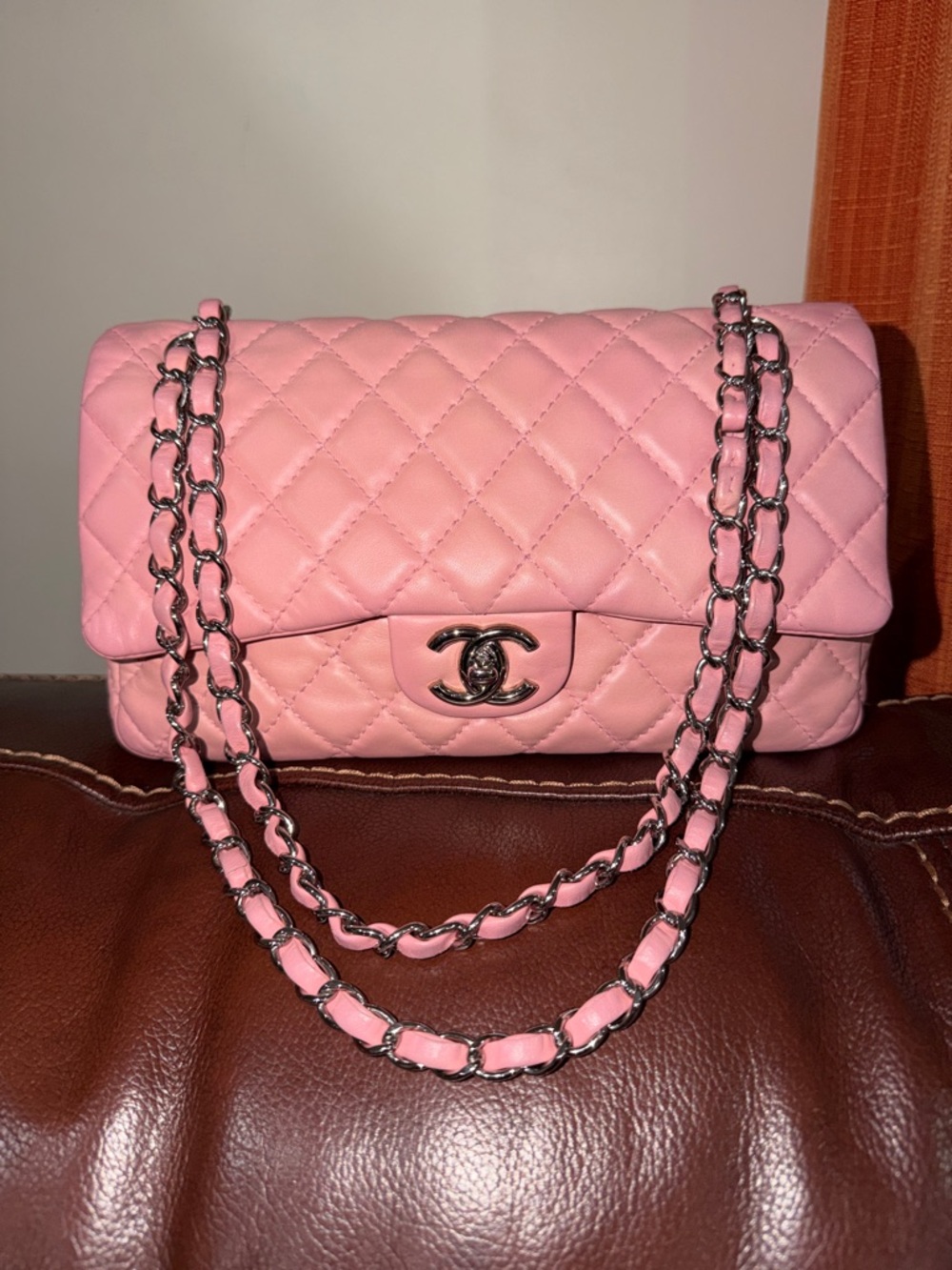 ‼️Authentic Chanel Pink Lambskin Leather Medium Classic Flap Shoulder Bag